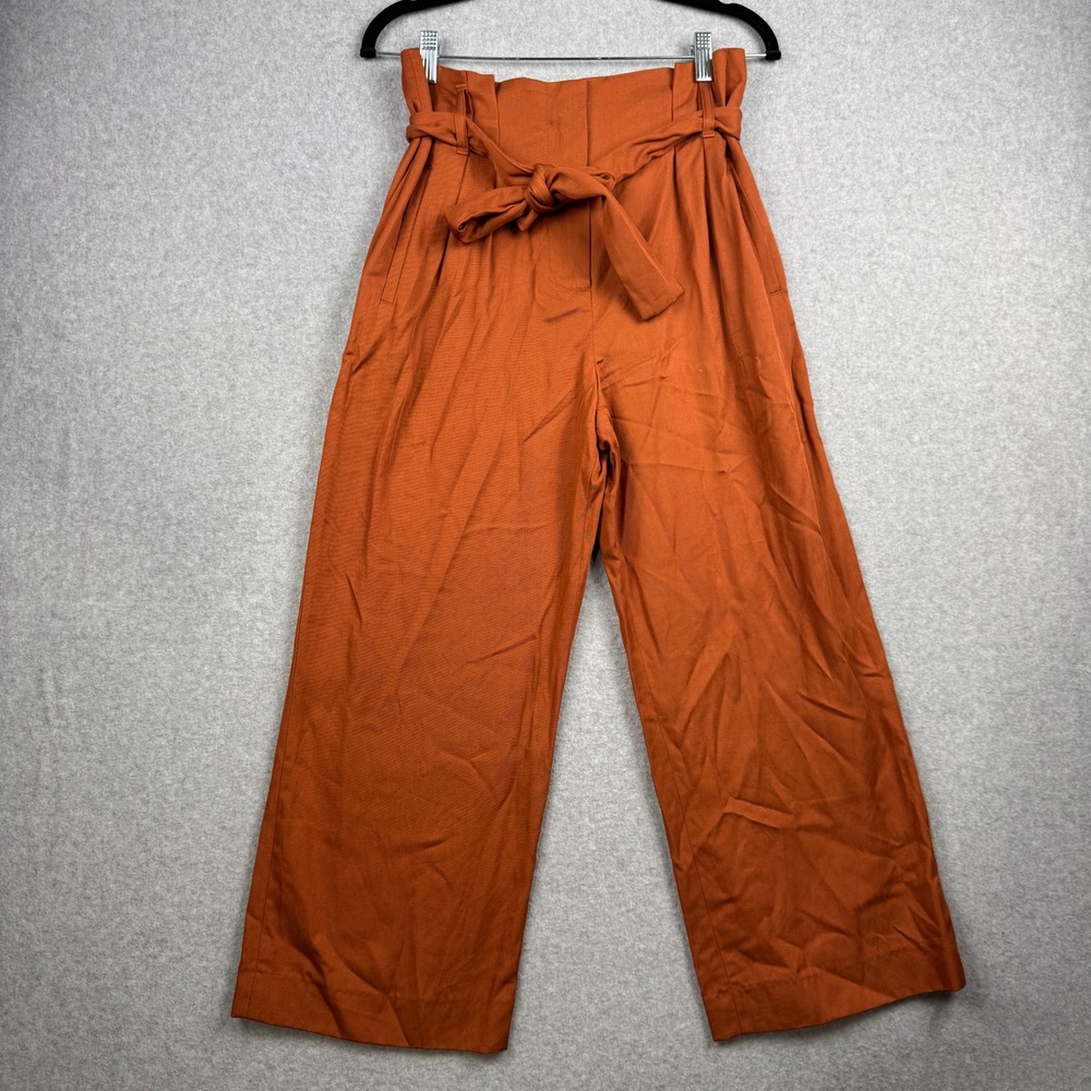 Sezane Pants Womens 36 / US 4 Orange‎ Crop Wide Leg Belted High Rise Trousers